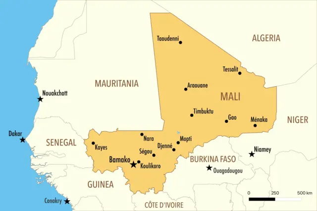 Carte des régions du Mali avec les principales villes et zones de conflit
